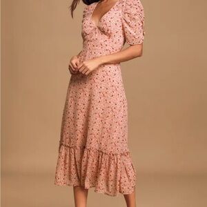 Lulu's Pink Floral Puff Sleeve Midi Dress